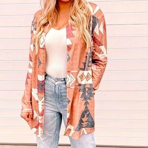 Geometric Print Open Front Cardigan, Boho Long Sleeve Large NEW